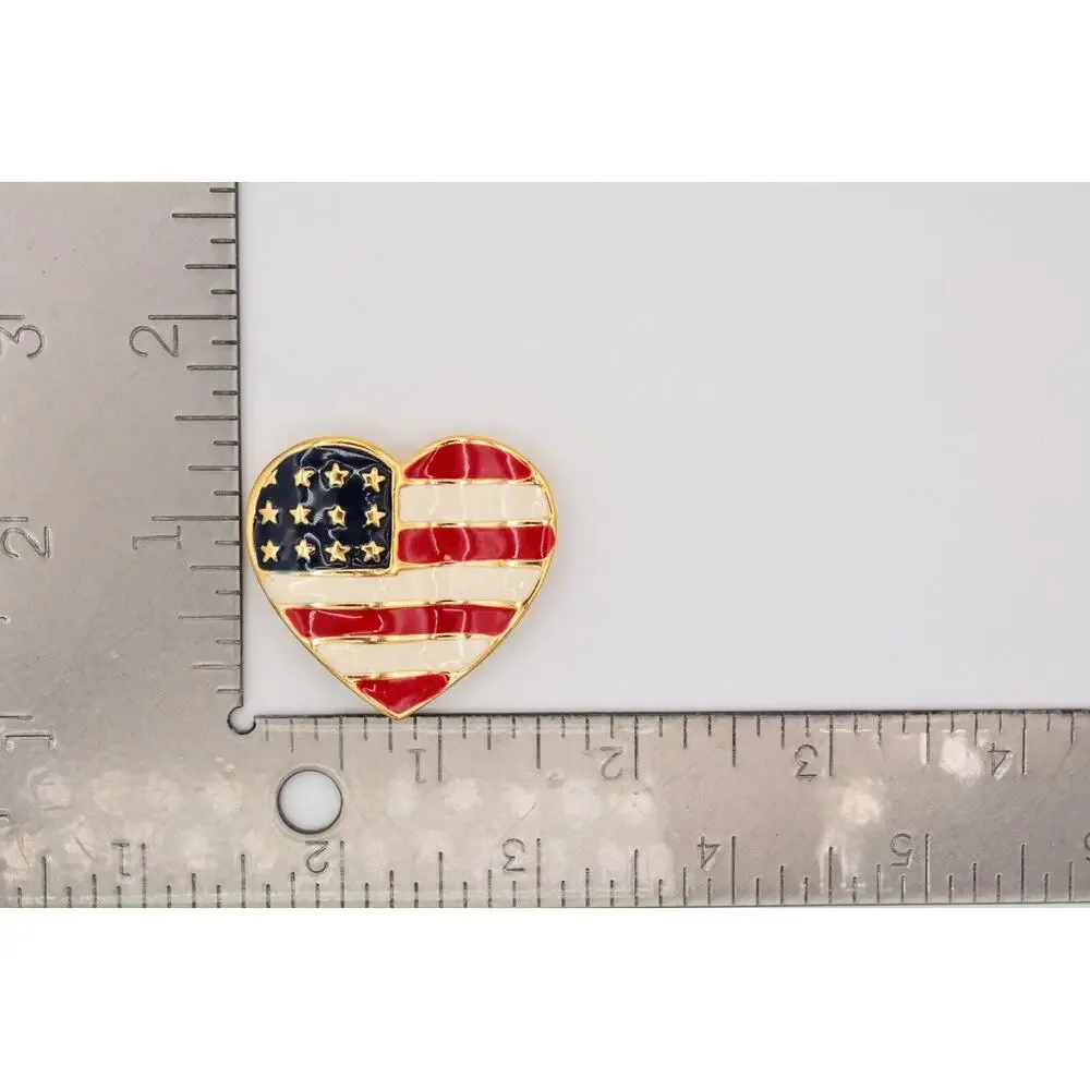 Vintage USA Heart Flag Pin Brooch American Red White Blue Gold Tone 1990s BinAT